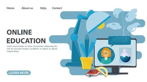 Online training web page design Monitor and table lamp with a book home educa Stock Illustration