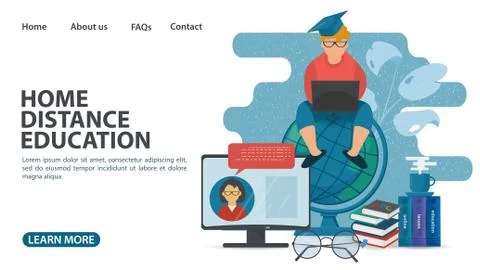 Online training web page design a guy sits on a globe next to a computer moni Stock Illustration