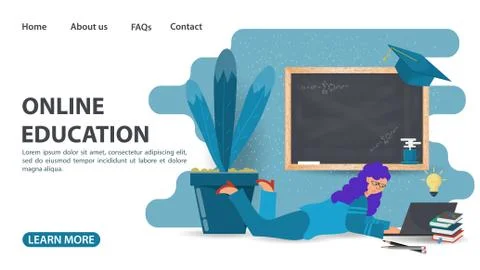 Online training web page design a girl with a laptop lies under a blackboard Stock Illustration