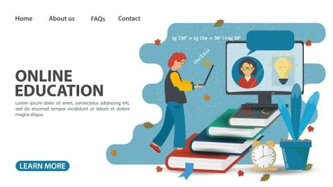 Online training web page design a boy rises with a laptop on the steps of boo Stock Illustration