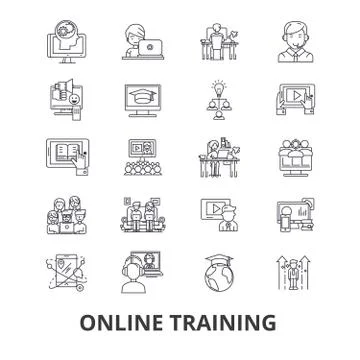 Online training, webinar, computer, e-learning, business, market, course line Stock Illustration
