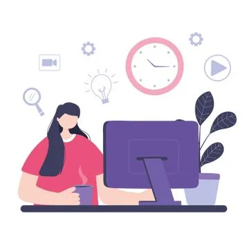 Online training, woman using computer class learning, courses knowledge Illustrazione stock