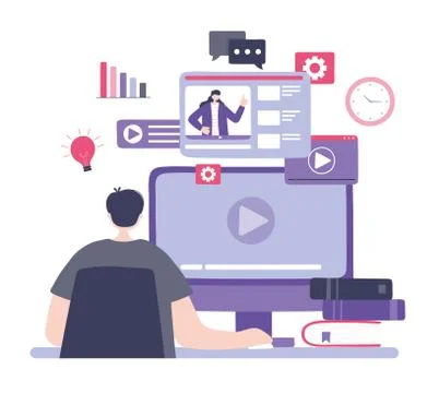 Online training, young man looking education video tutorials, courses knowledge Stock Illustration