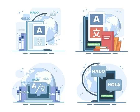 Online translation set featuring language conversion Stock Illustration