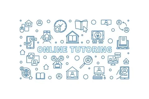 Online Turoring vector blue line horizontal illustration Stock Illustration