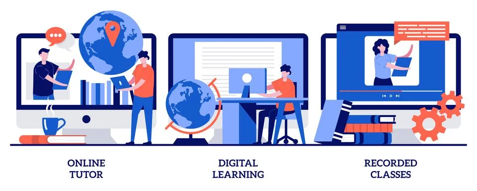 Online tutor, digital learning, recorded classes concept with tiny people. .. Stock Illustration