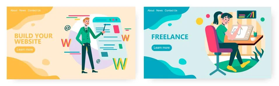 Online tutorial how to build website interface. Freelance designer draw on 库存插图