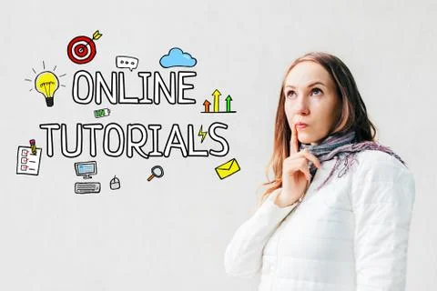 Online tutorials concept - girl on a white background with text and icons, sm Stock Photos