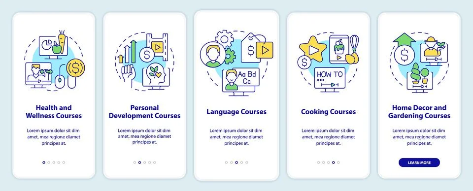 Online tutorials ideas onboarding mobile app screen Stock Illustration