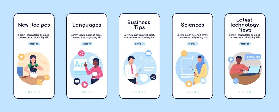 Online tutorials onboarding mobile app screen flat vector template Illustrazione stock