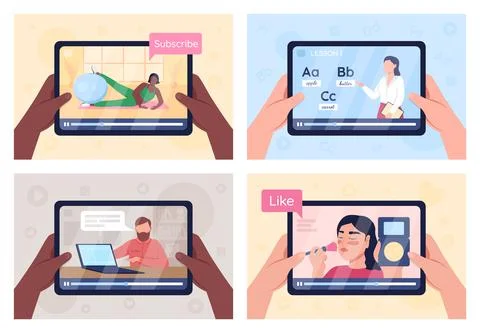 Online tutorials on tablet screen flat color vector illustration set イラスト素材