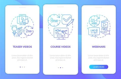 Online tutorials types blue gradient onboarding mobile app screen Ilustración de archivo