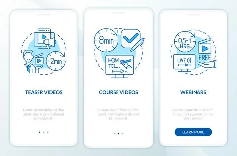 Online tutorials types blue onboarding mobile app screen Ilustración de archivo