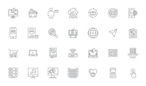 Online Vector Icon Library with 28 Thin Line 64x64 Pixel Aligned Designs Illustrazione stock