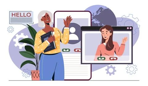 Online video call between colleagues. Vector illustration Ilustración de archivo