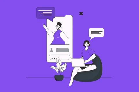 Online video call web concept with character scene in flat design. People tal 库存插图