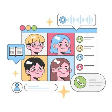 Online video chat platform with diverse participants. Flat vector Illustrazione stock
