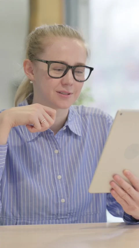 Online Video Chat on Tablet by Young Woman, vertical video Vidéo 328553160