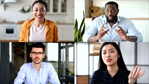Online video conference, distant communication. A group of multiracial Stock Footage 155711555