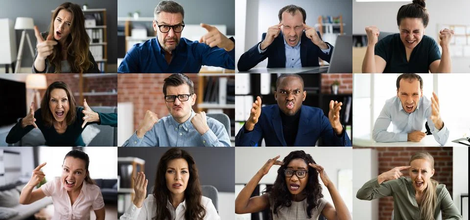 Online Video Conference Webinar Angry People Arguing Stock Photos