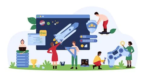 Online video games development and testing set, tiny people develop program code Stock Illustration