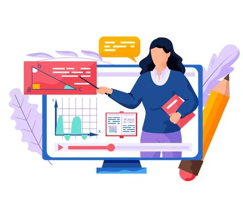 Online video geometry lesson learning. Girl, teacher on computer screen explains Stock Illustration