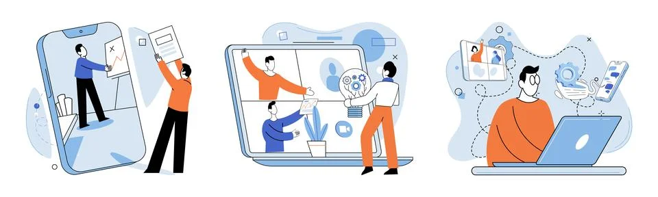 Online video meeting. Vector illustration. Webinars provide interactive platf イラスト素材