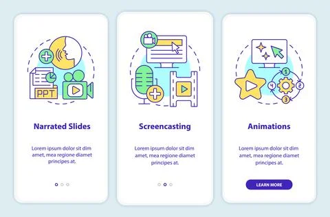 Online video methods onboarding mobile app screen Ilustración de archivo