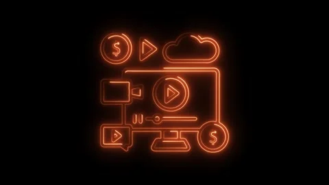 Online video monetization strategy with glowing neon elements on black back.. Stock Footage 308997564
