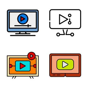 Online Video Player and Streaming Media Icon Set on Screen Stock Illustration