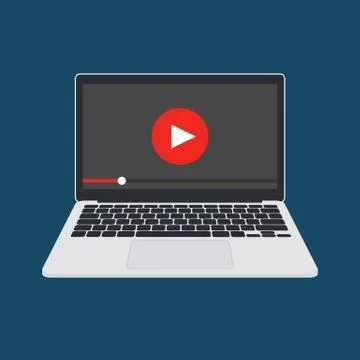Online video player on laptop vector illustration, flat computer screen with Stock Illustration