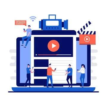 Online video stream concept with tiny character. People streaming web film,.. Stock Illustration