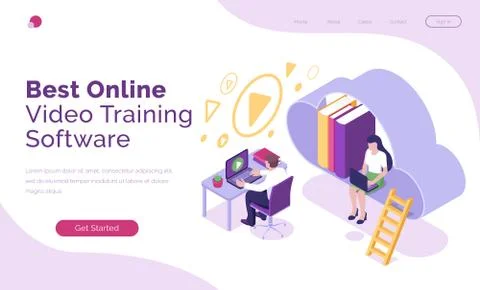 Online video training software isometric landing 스톡 일러스트