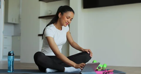 Online video tutorial while virtual training at home. Workout at home Stock Footage 336636554