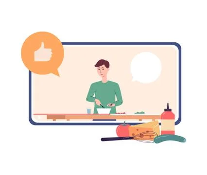 Online video tutorials from chef cook, flat vector illustration isolated. イラスト素材