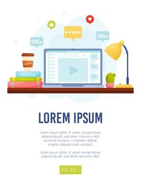 Online video tutorials concept. Home workspace. Vector Illustration. Ilustración de archivo