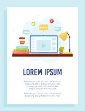 Online video tutorials flyer concept. Home workspace. Vector Illustration. イラスト素材