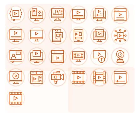 Online Video Vector Icon Collection with 25 64x64 Regular Line Designs Stock Illustration