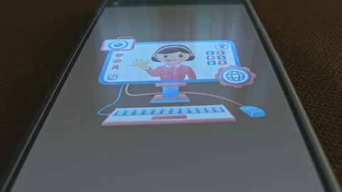 Online videocall client support themed graphic presentation on smartphone Stock Footage 303427375