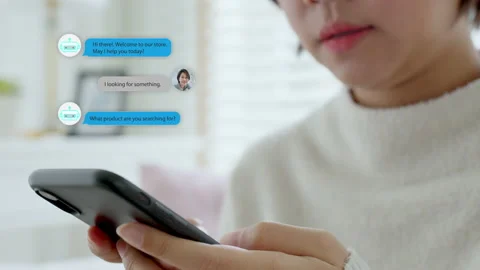 Online virtual chatbot support customer chat e-commerce mobile phone. Video stock 155033058