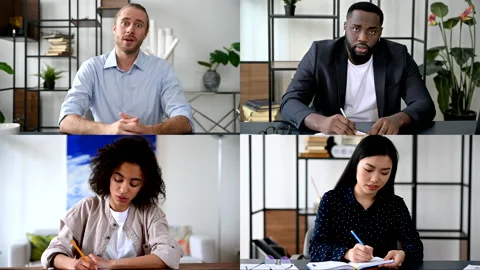 Online virtual meeting, distant communication. A group of multiracial successful Stock Footage 155711086