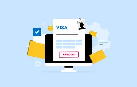 Online visa approved process with digital approval stamp for electronic overseas Stock Illustration