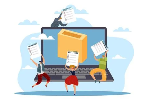 Online voting, computer screen, voting box, happy adult voters with documents イラスト素材