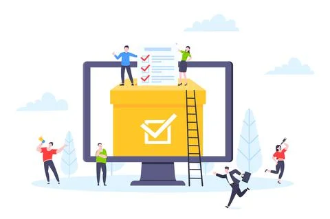 Online voting concept flat style design vector illustration. Tiny people with Stock Illustration