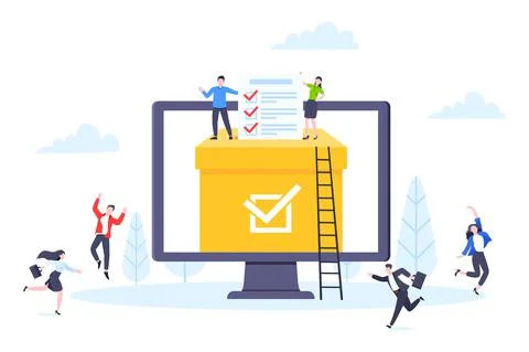 Online voting concept flat style design vector illustration. Tiny people with Stock Illustration