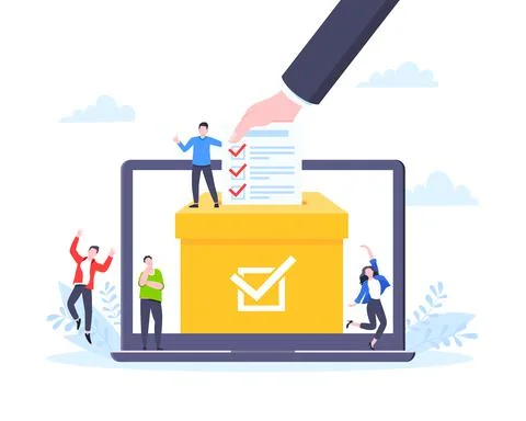 Online voting concept flat style design vector illustration. Tiny people with Stock Illustration