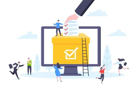 Online voting concept flat style design vector illustration. Tiny people with Stock Illustration