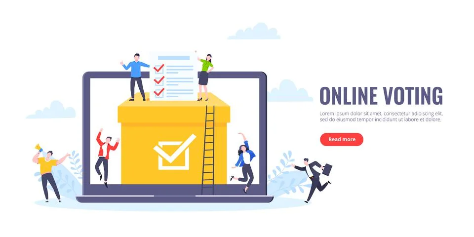 Online voting concept flat style design vector illustration. Tiny people with Illustrazione stock