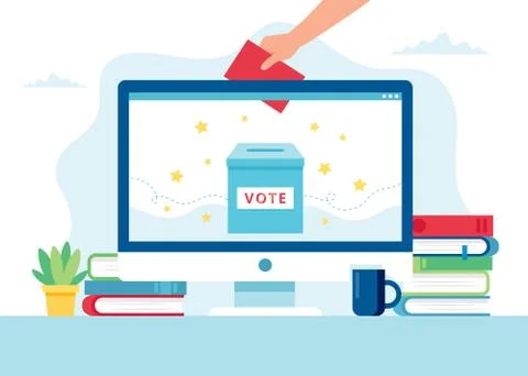 Online voting concept. A hand putting a vote into the box on monitor. Ilustración de archivo