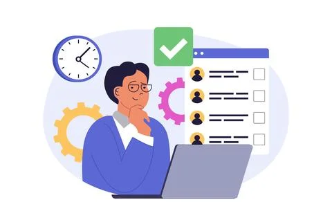 Online voting concept in modern flat design for web. Man thinking and making  Stock Illustration